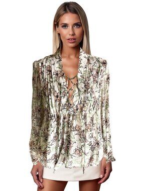 RAG & BONE Sachi White Floral Top Blouse Boho Lace Up Size MEDIUM MSRP $325